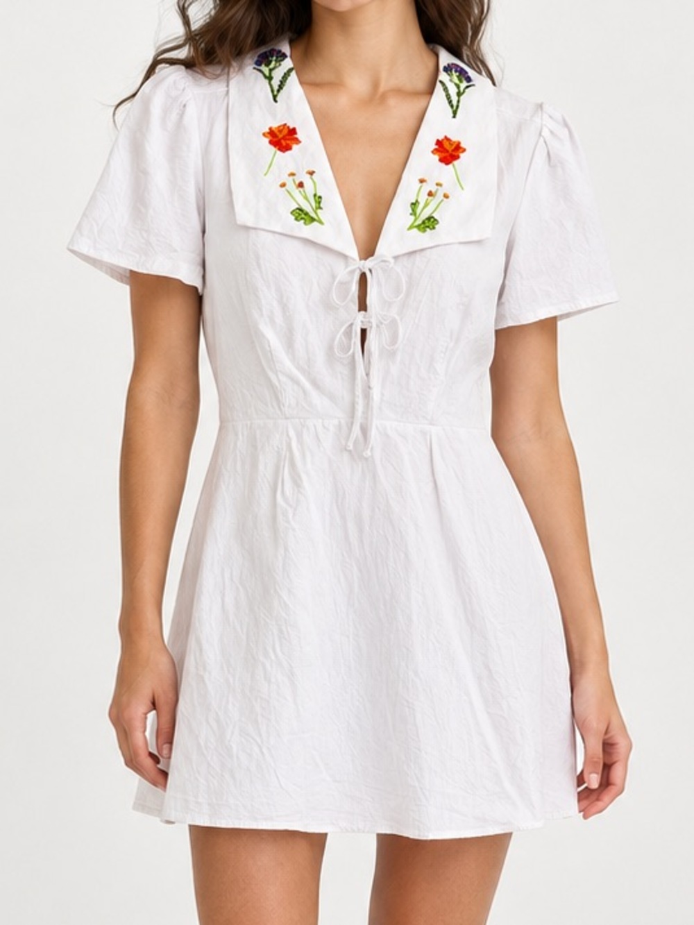 Lisa Says Gah Alexa White Floral Embroidered Mini A Line Shirt Dress Small